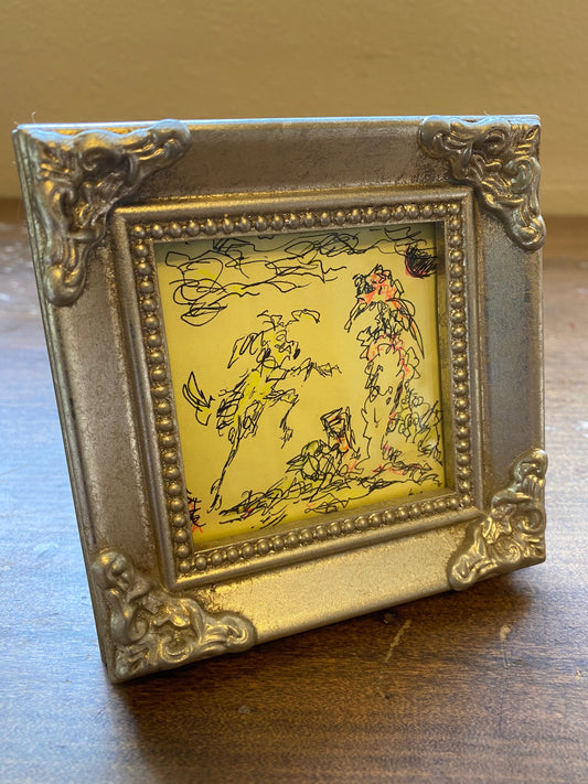 Dog and the Crow, Original drawing by Lorin Morgan-Richards, Imperfectualism style, in a miniature frame