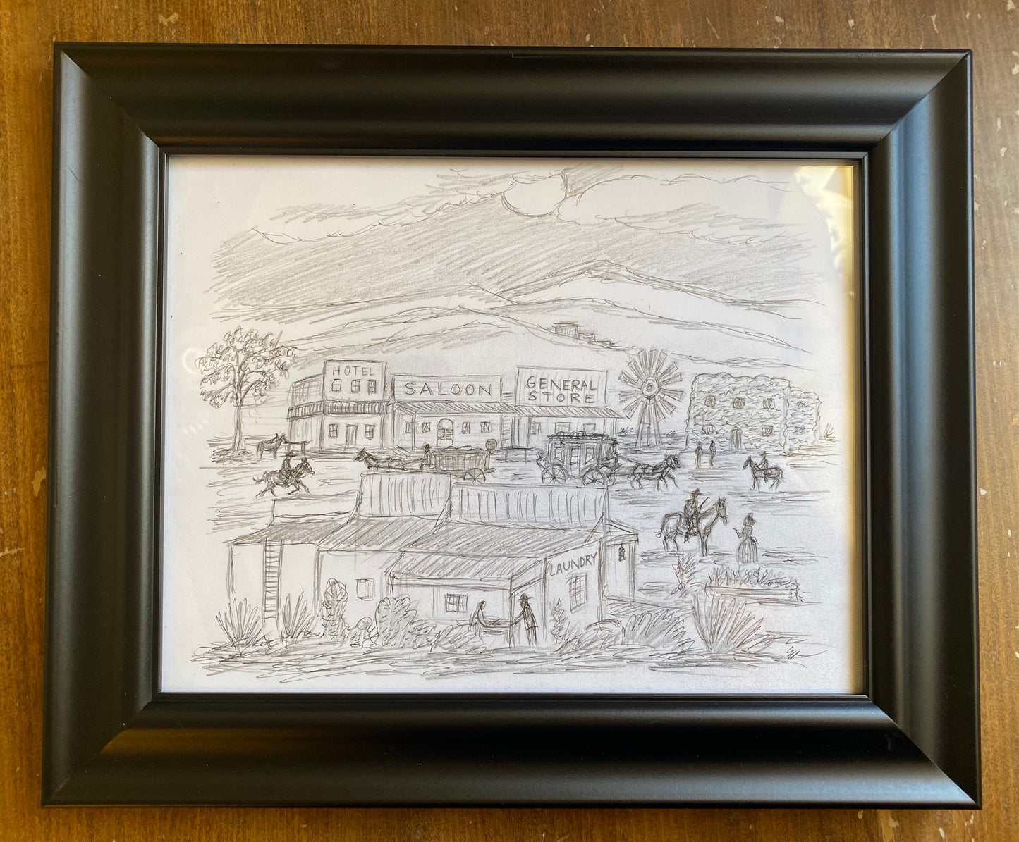 Western Town, Original pen/graphite drawing by Lorin Morgan-Richards