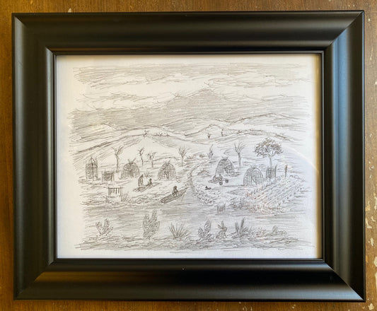 Village by the River, Original pen/graphite drawing by Lorin Morgan-Richards